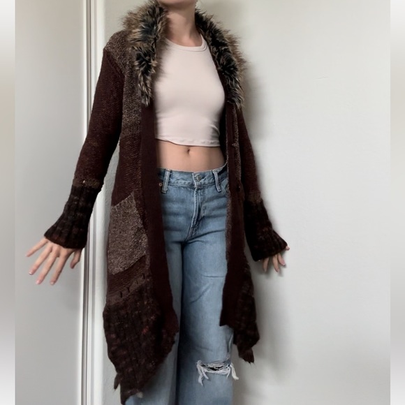 Angel Of The North Sweaters - Angel of the north knitted duster with faux fur collar